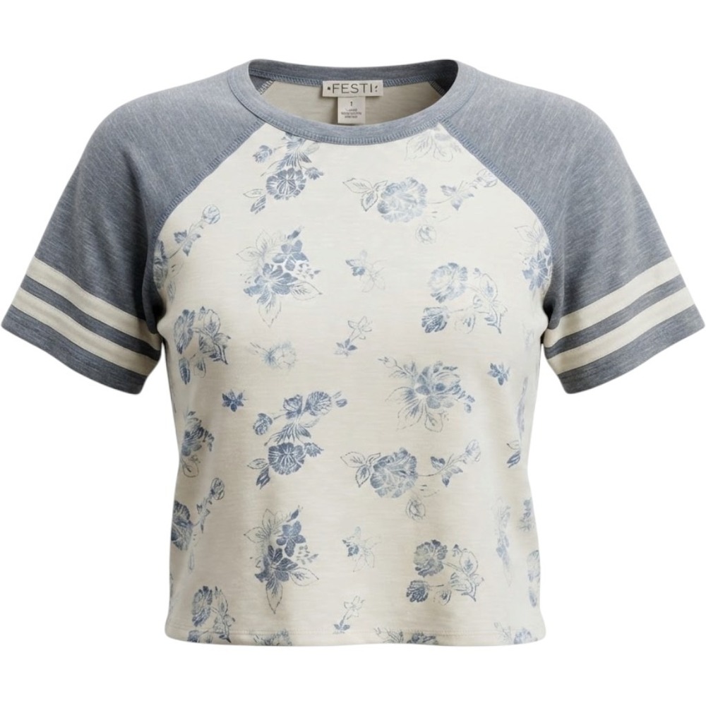 TORRID Festi  Floral Raglan Tee Blue Grey Varsity Stripe Cotton T-Shirt NWT 1X